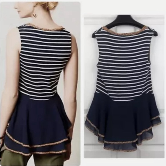 Anthropologie Postmark Navy and White Striped Top with Ruffle Detail Size Medium - Picture 2 of 10